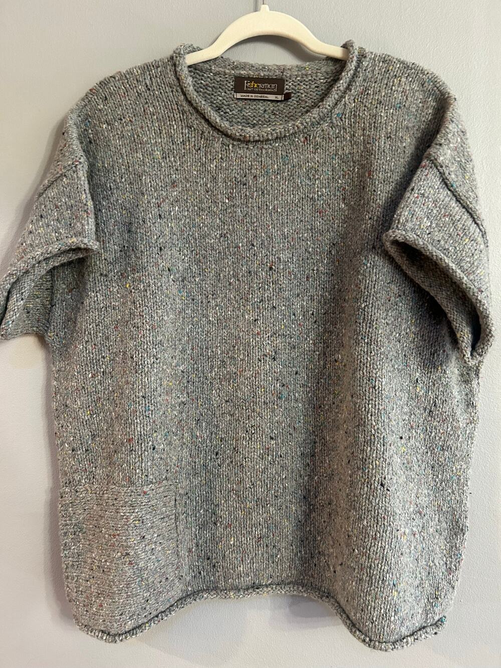 Fisherman Out of Ireland Donegal Fleck Wool Sweater XL Boxy Pocket roll neck